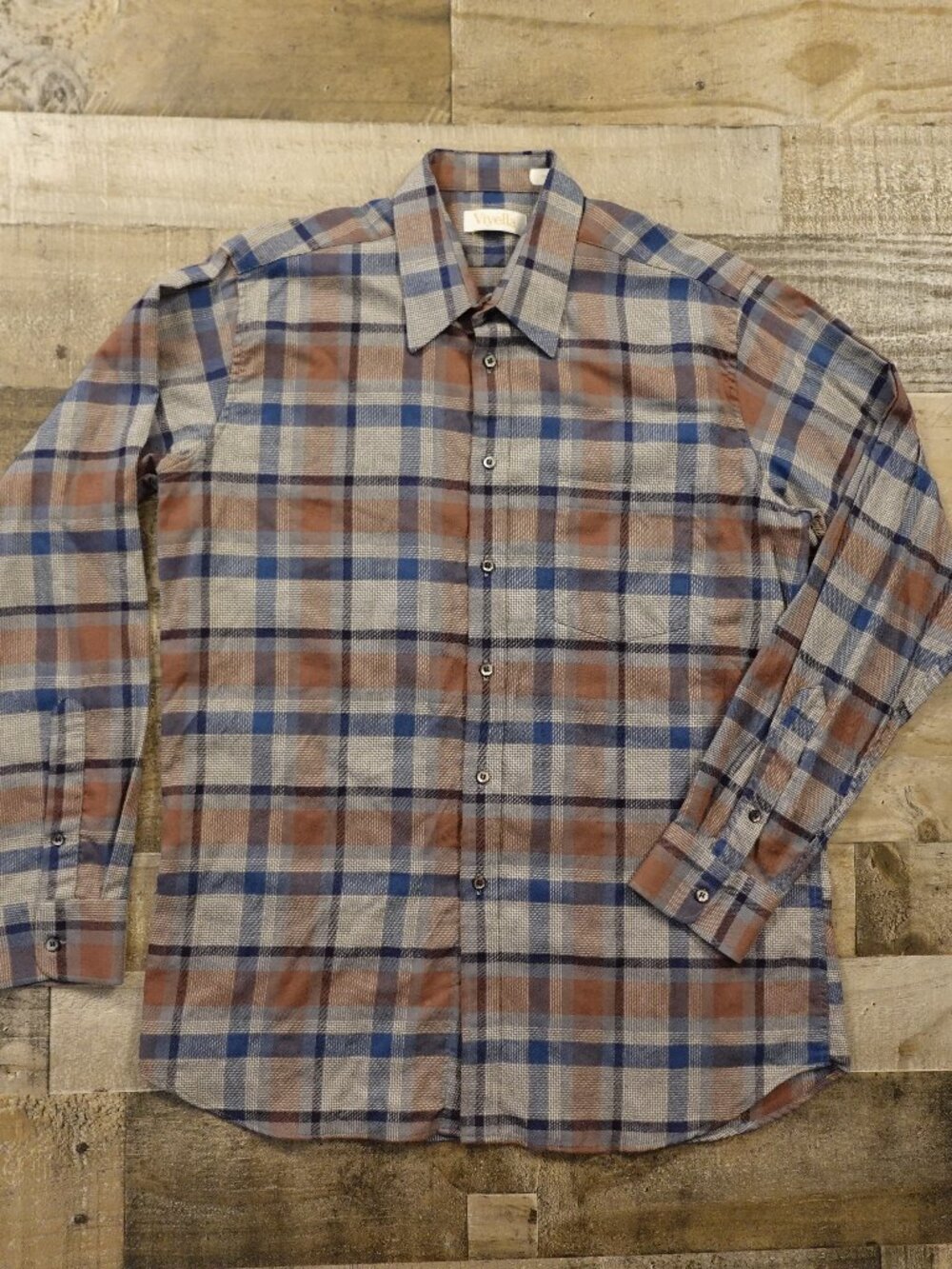 Viyella Wool‎ Blend Plaid Button Front Shirt Men’s Large Blue Brown England Made